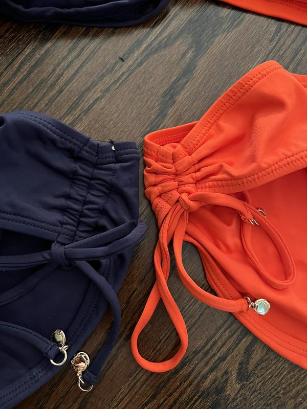 Bottoms in Navy unscrunched, Red Spice fully scrunched.