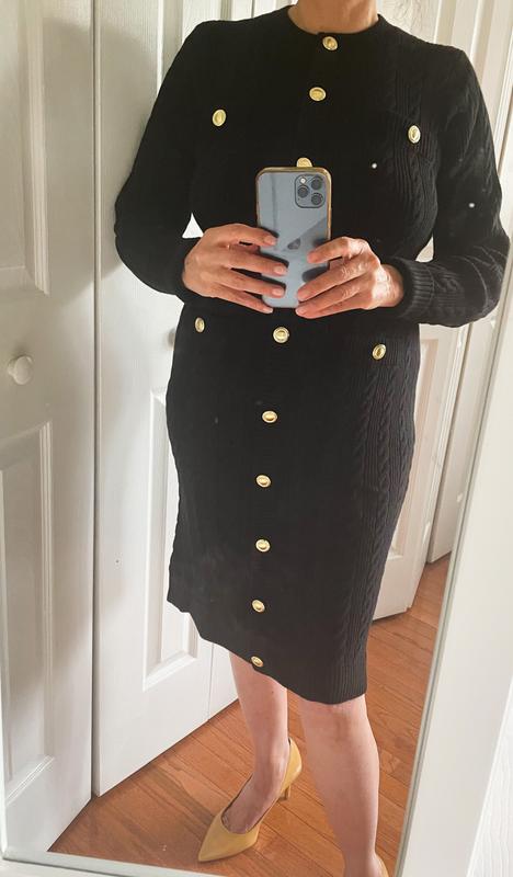 ann taylor black sweater dress Ann Taylor LOFT Black Polka Dot Mesh Ruffles Long Sleeve Midi Sweater  Brie