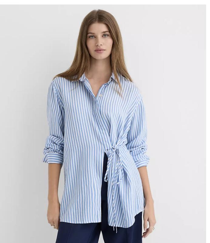 Striped Asymmetrical Side Tie Tunic Shirt