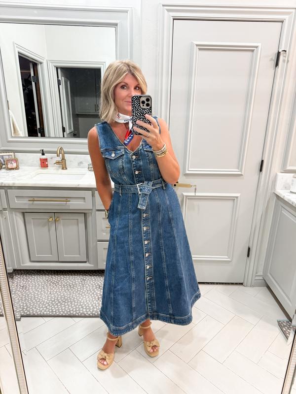 Belted Seamed Denim Midi Pocket Dress in Classic Indigo Wash