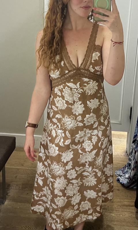 Floral Lace Trim Linen Blend Midi Dress