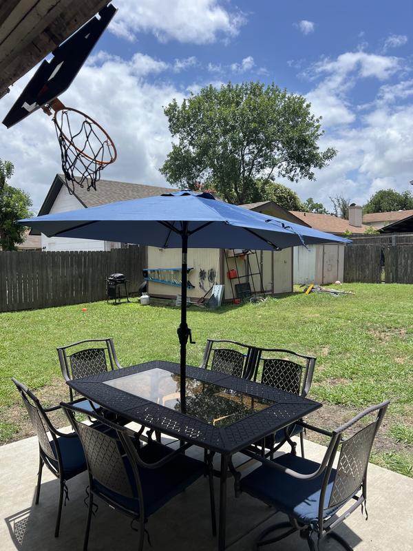 9-foot round solar aluminum patio umbrella in chino Sun-Ray 9 ft. Round Solar Lighted Market Patio Umbrella in Taupe