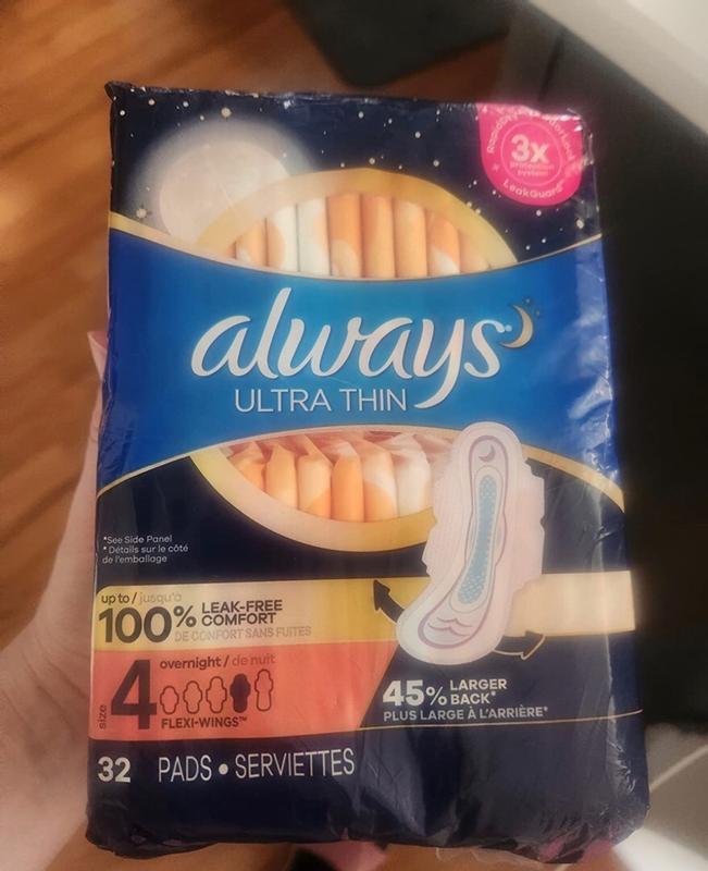 Always Ultra Thin Overnight Pads with Flexi-Wings, Size 4, Overnight,  Unscented, 36 ct