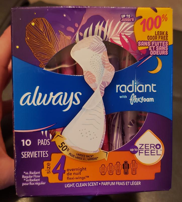 Always Radiant Overnight Feminine Pads for Women, Size 4 for Nighttime,  with Wings, Light Clean Scent, 28 CT