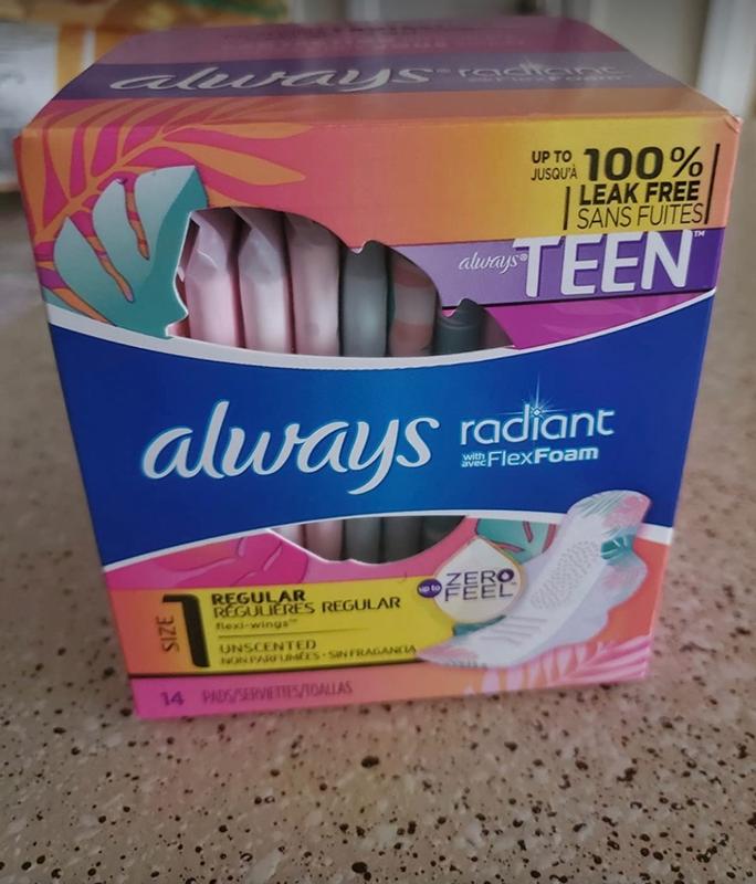 Always Radiant Teen Feminine Pads with FlexFoam, Size 1, Regular, with  wings, Unscented, 14 ct