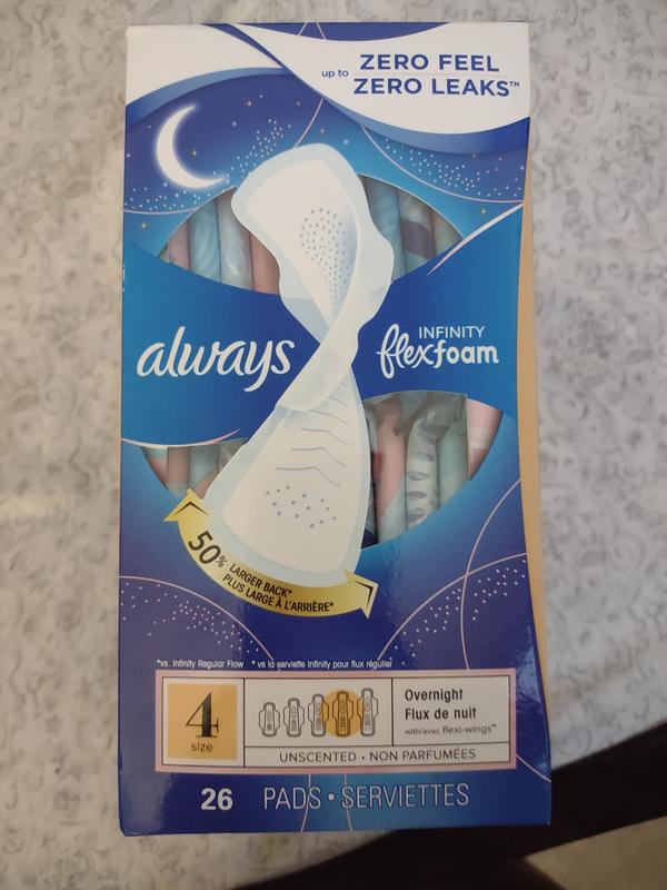 Always Infinity Feminine Pads for Women, Size 4 Overnight, with wings,  unscented, 38 ct