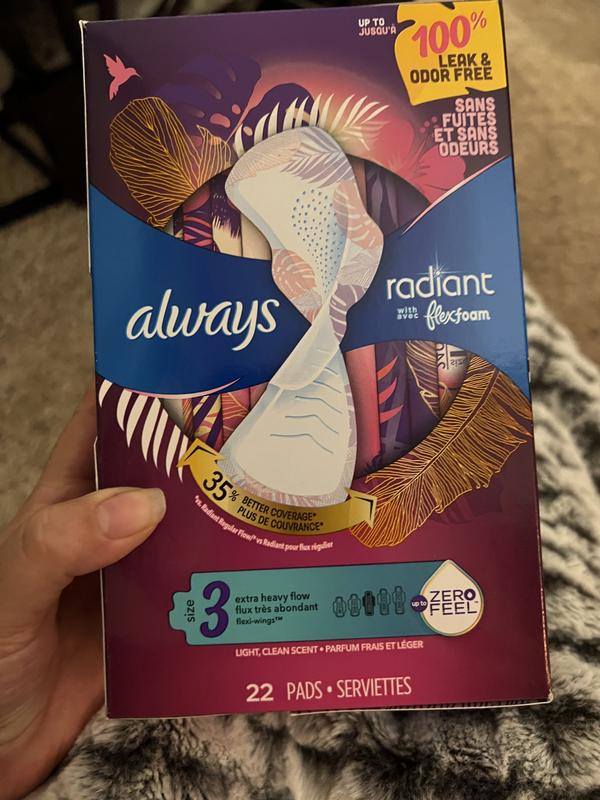 Always Radiant Feminine Pads for Women, Size 3 Extra Heavy, with Wings,  Scented, 22 ct