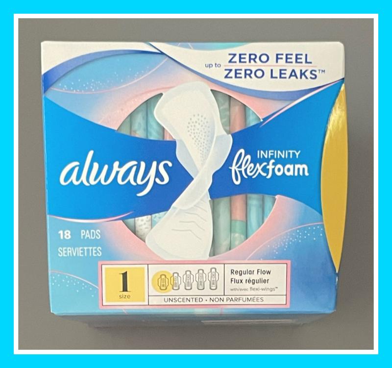 Always Infinity Feminine Pads for Women, Size 1 Regular, with wings,  unscented, 36 ct