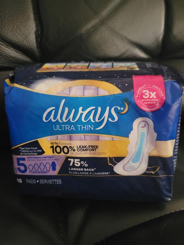 Always Ultra Thin Overnight Pads with Wings, Size 5, Extra Heavy Overnight  Absorbency, 15 CT 