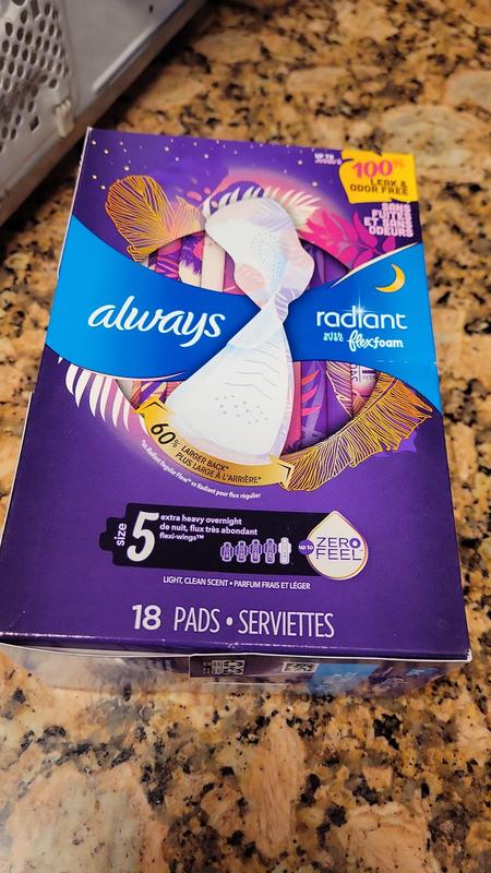 Always Radiant Overnight Feminine Pads for Women, Size 5, Extra Heavy  Nighttime, with Wings, Light Clean Scent, 26 ct