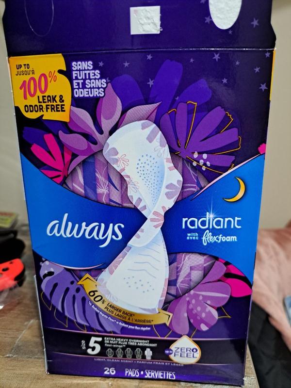  Always Radiant Feminine Pads for Women, Size 4 Overnight Pads,  With Flexfoam, with Wings, Light Clean Scent, 20 Count (Pack of 3) : Health  & Household