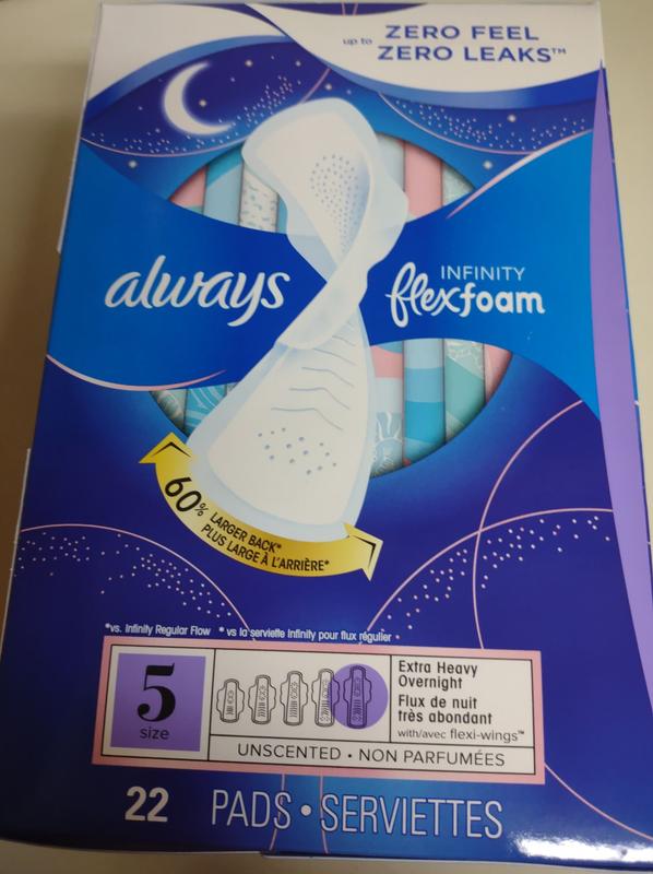 Infinity Size 5 Extra Heavy Overnight Sanitary Pads with Wings, Unscented,  22 units – Always : Pads and cup