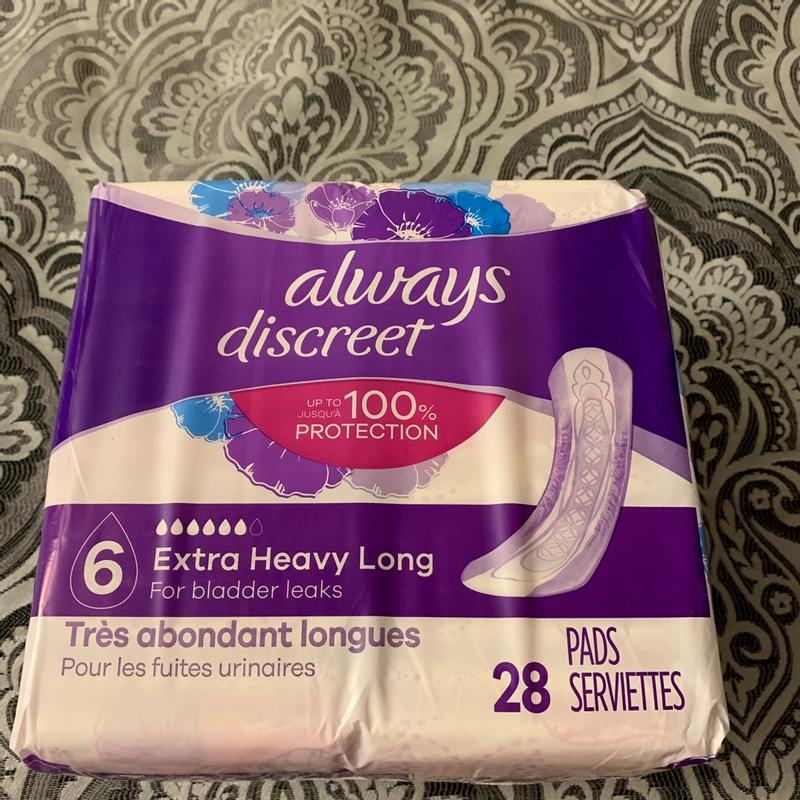 Always Discreet Adult Incontinence Pads for Women, Extra Heavy Absorbency,  Long Length, Postpartum Pads, 28 CT