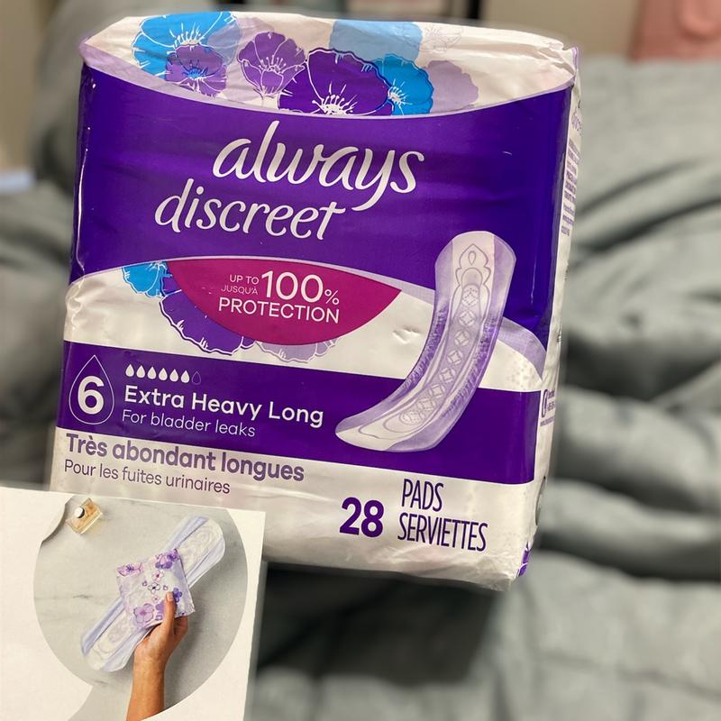 Always Discreet Adult Incontinence Pads for Women, Extra Heavy Absorbency,  Long Length, Postpartum Pads, 28 CT