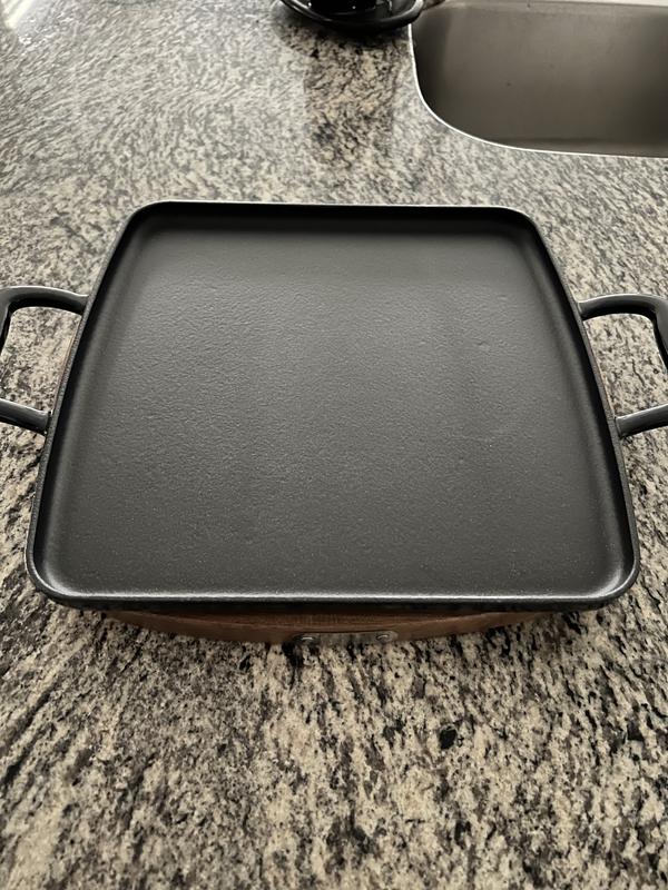 All-Clad Cast Iron Enameled Square Grill with Acacia Trivet 11 Inch  Induction Oven Broiler Safe 650F Pots and Pans, Cookware Black