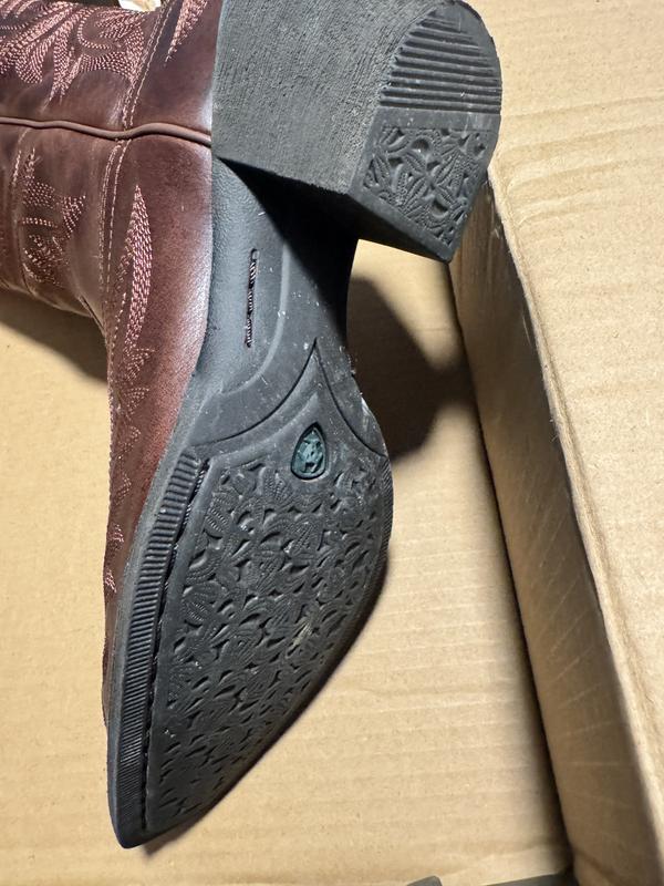 Customer photo for "Most comfortable snip toe boots I own"