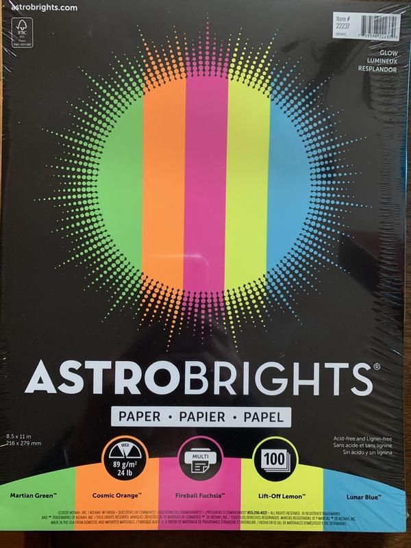 Astrobrights Color Paper, 8.5 x 11 inches, 24 lb/89 gsm, Glow 5-Color  Assortment, 100 Sheets