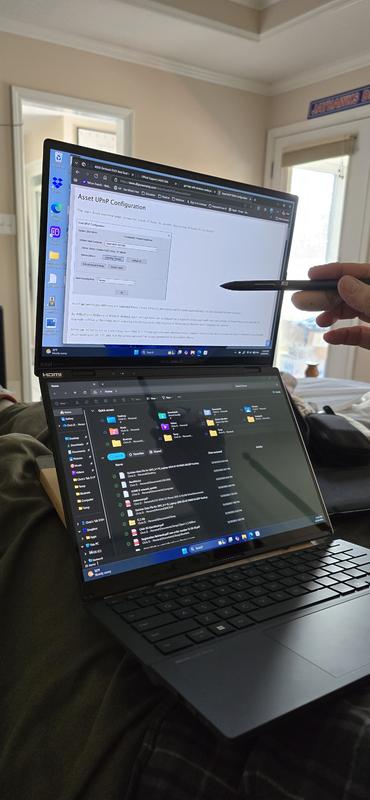 Two screens and keyboard and pen comfortably on my lap.