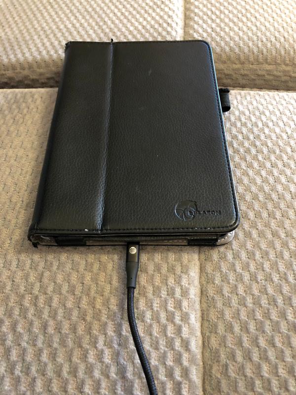 My old iPad mini showing the new braided cord plugged into my mini iPad.