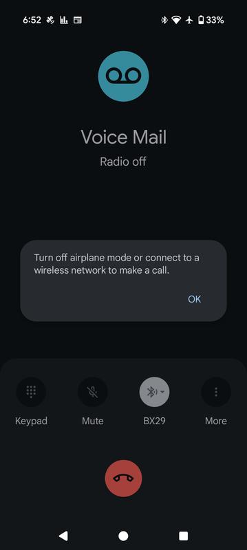 Wi-Fi calling failed in airplane mode while connected to the wireless network.