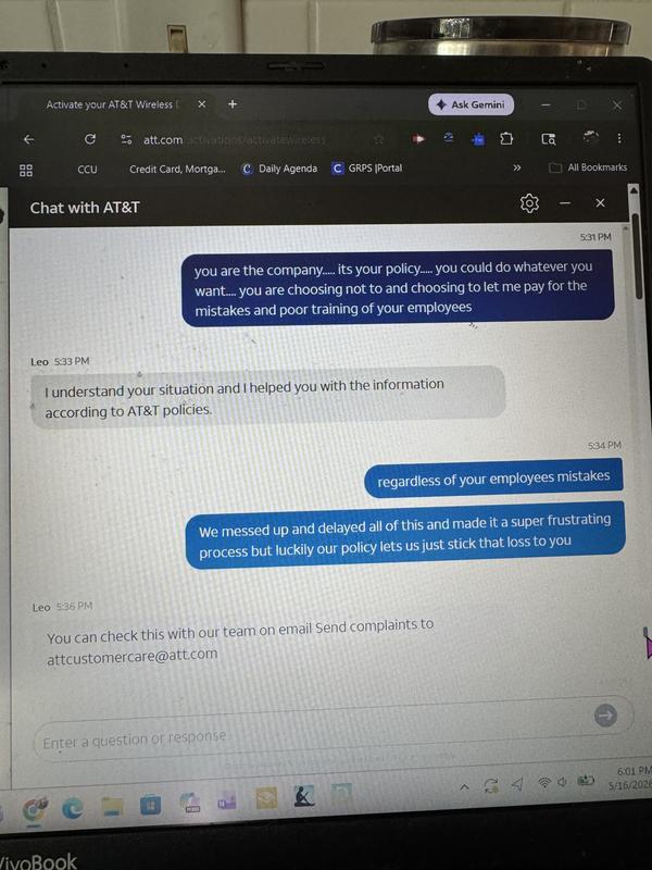 ATT admits employees mistakes, and delays.  Refuses to help.