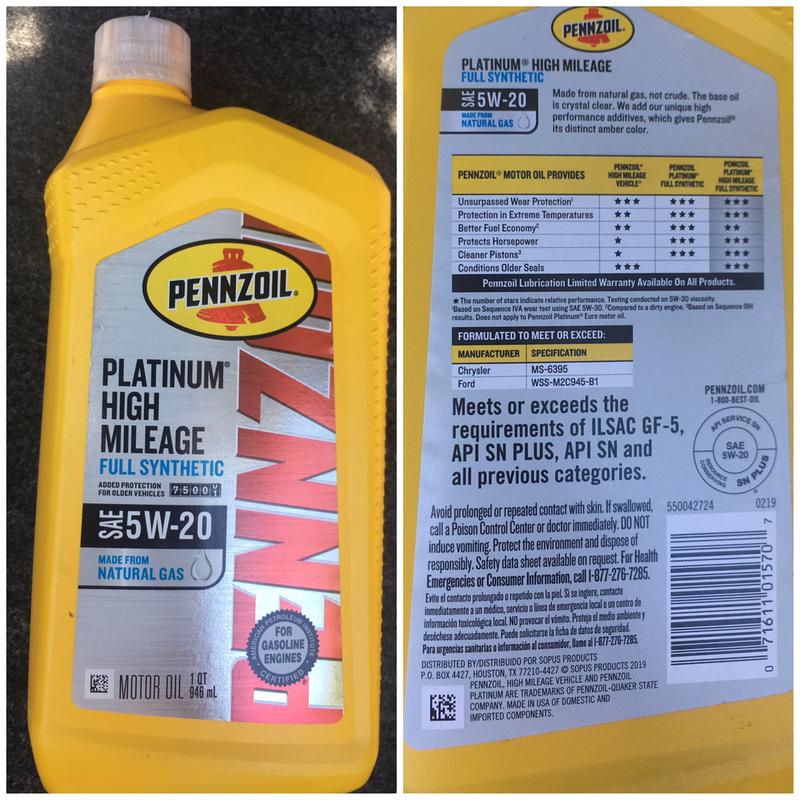 Pennzoil Platinum High Mileage Full Synthetic Engine Oil 5W20 1 Quart Reviews