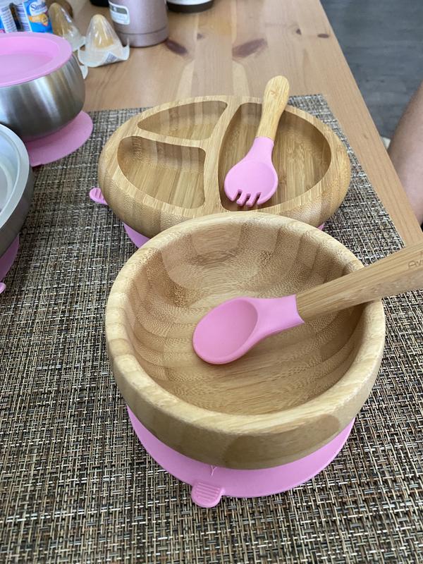 Avanchy Bamboo + Silicone Baby Bowl and Plate Set with Spoons Bed