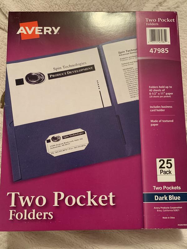 47988 Holds up to 40 Sheets Case Pack of 125 Black Folders Business Card Slot Avery Two Pocket Folders 