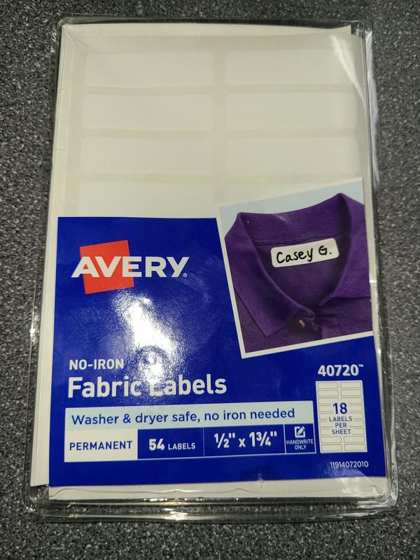 Avery White No-Iron Fabric Label, 0.5 x 1.75 inch - 18 per sheet -- 3 sheets