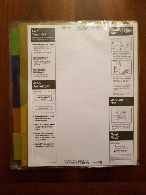 Package includes sheet of Big Tab Inserts