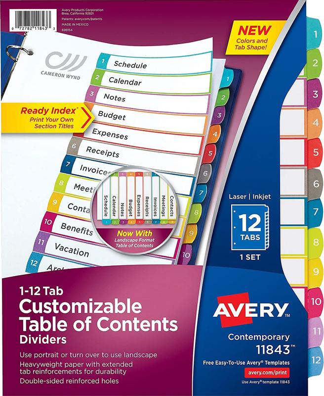 11078 12-Tab Avery Ready Index Table of Contents Dividers 3 Sets 