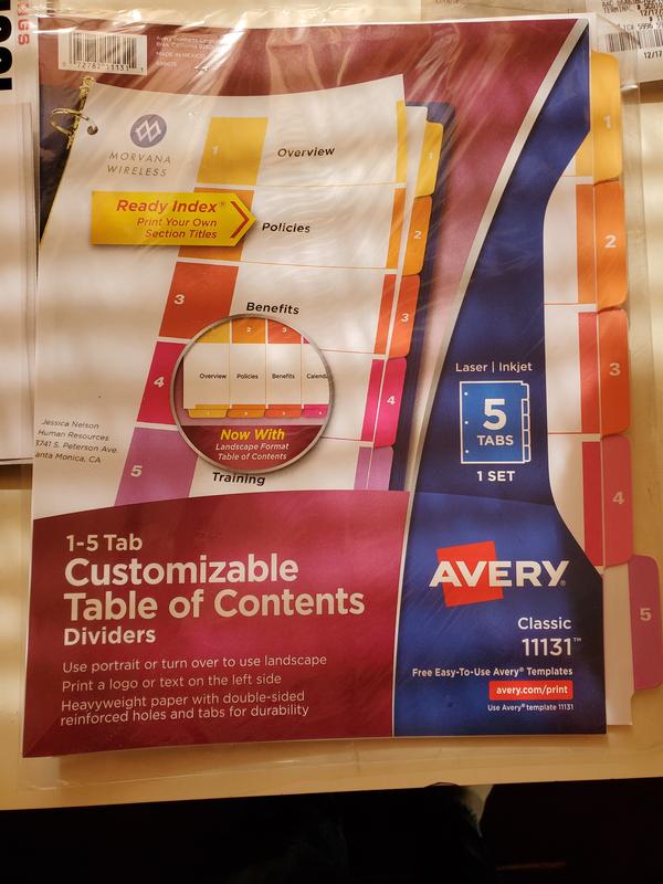 Avery Customizable Table of Contents Dividers, Ready Index(R) Printable Section Titles, Preprinted 1-5 Multicolor Tabs, 3 Sets (11070)