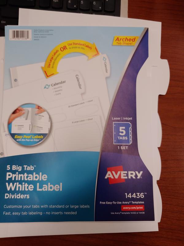 2x 4 & 1x 2 5/8 Laser and Inkjet Printer Compatible 14436 5 Tabs Includes 2 Label Sizes White Avery Big Tab Dividers with Printable White Easy Peel Labels 1 Set 