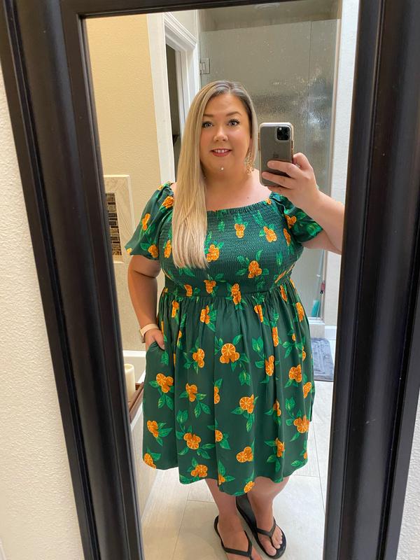 her universe disney minnie mouse orange allover print smocked dress Disney Minnie Mouse Floral Allover Print Active Dress