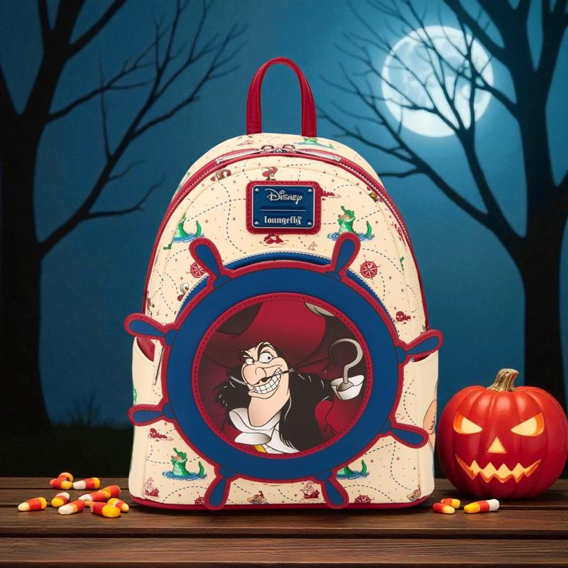Loungefly Disney Peter Pan Captain Hook Mini Backpack Ship Wheel Map Pattern Bag Loungefly Disney Peter Pan Captain Hook Ship Wheel Rotating  main image 3