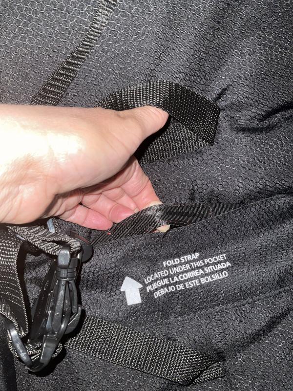 One hand to pull strap to fold up stroller