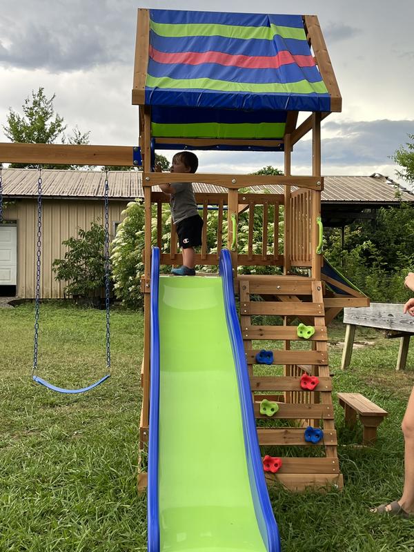 Backyard discovery beach front best sale wooden cedar swing set assembly