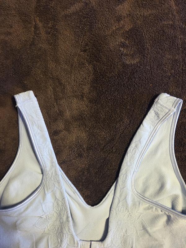 My bras have different bans sizes. I expected the beige bra to have a floral design like the blue bra. The shoulder seam work of the beige is inconsistent.