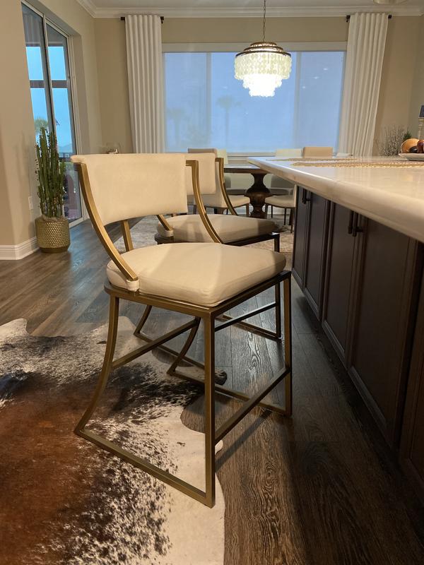 Allister Upholstered Metal Bar Stool in Brass Sandberg Parchment