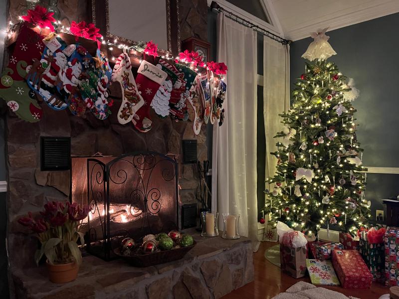 Admiring the tree from our couch