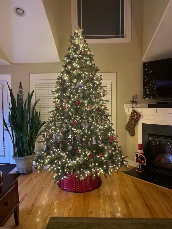 9' White Vermont Spruce with Red Merry Metallic Quilted Tree Collar