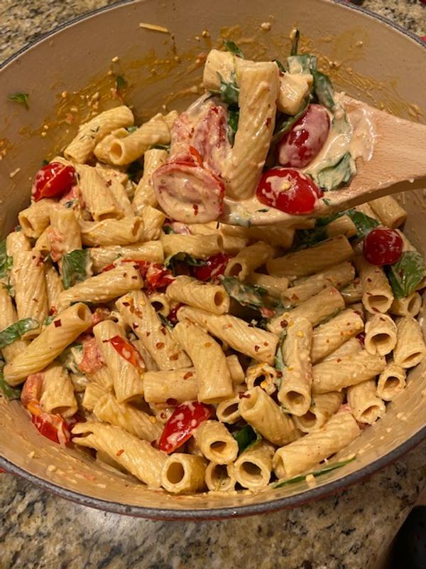 My (less-photogenic-than-the-cover) Goat Cheese Pasta with Burst Tomatoes