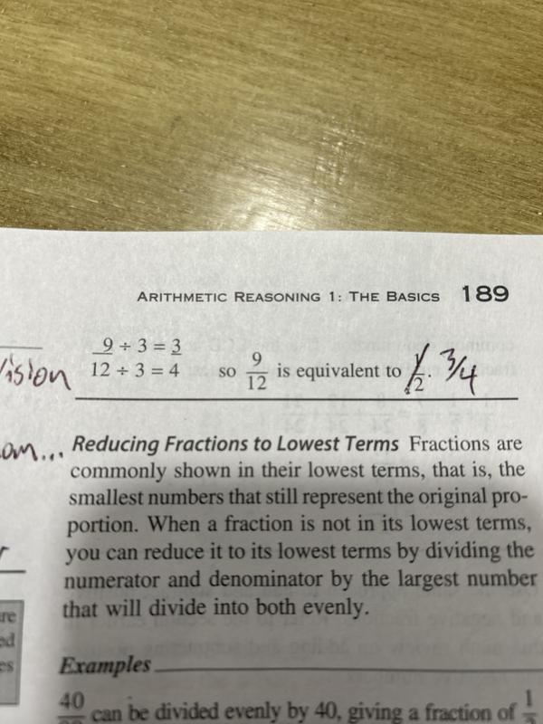 To the left you see that the example output 3/4 and goes on to say that 9/12 is equivalent to 1/2 which is incorrect.