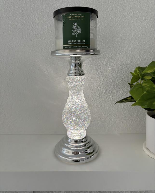 BATH & store BODY WORKS SWIRLING GLITTER PEDESTAL 3 WICK CANDLE HOLDER CLEAR SILVER