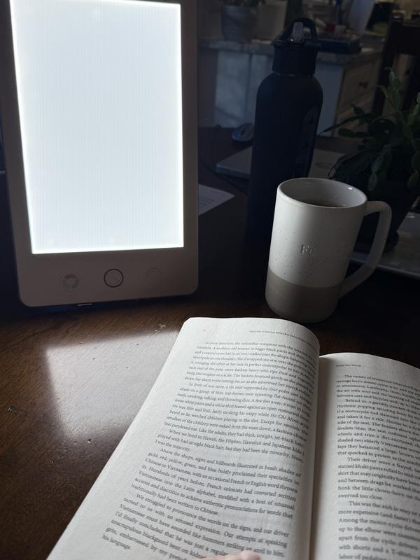 Read or use computer with morning tea, light on for about 30 my