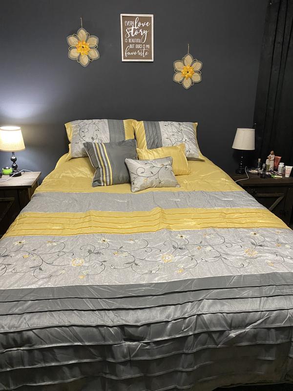 King Serene Embroidered 7 Piece Comforter Set Faux Silk Eclectic Yellow Madison 