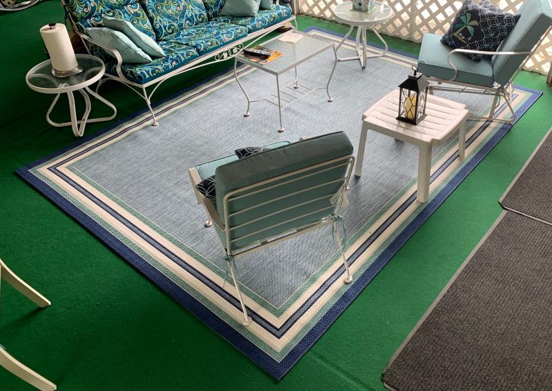 Miami Border Stripe Indoor/Outdoor Area Rug in Blue Bed Bath and