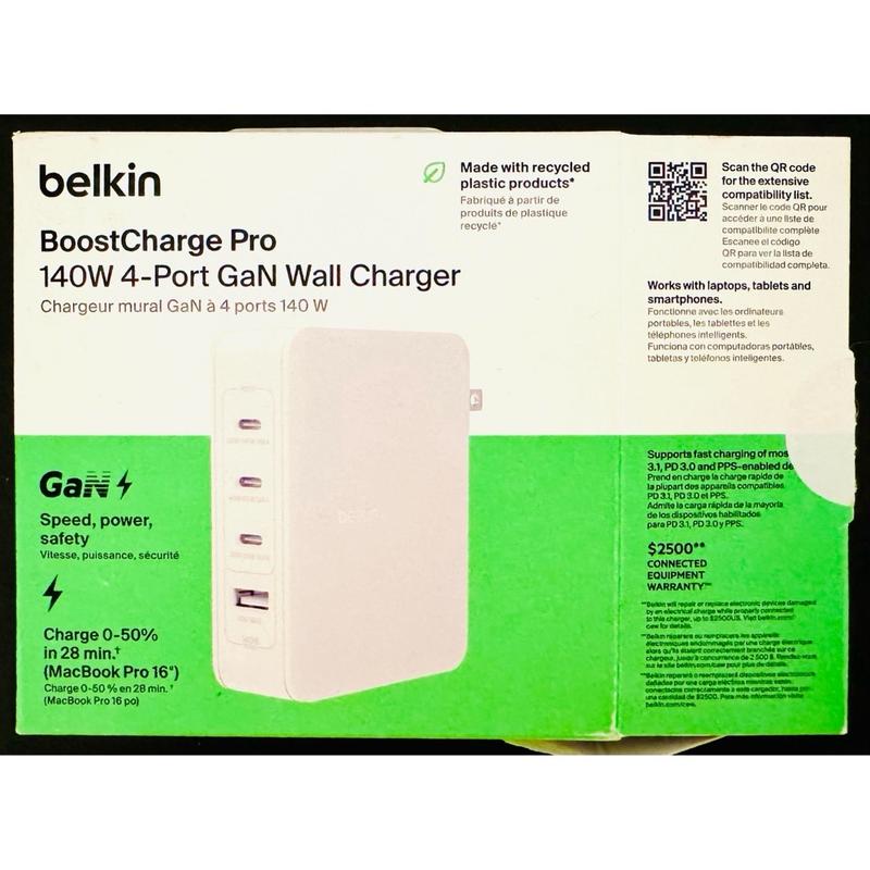 Cargador de red Belkin GaN BoostCharge Pro de 4 puertos y 140 W (blanco) -  Cargador portátil - LDLC