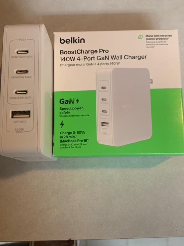 Belkin BoostCharge Pro Cargador de Pared GaN con 4 Puertos PD 140W con 3  Puertos USB-C, PcComponent