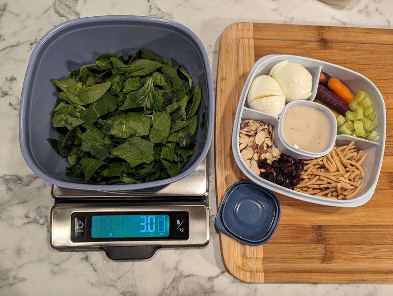 3oz spinach, 2 large eggs, 2oz dressing
